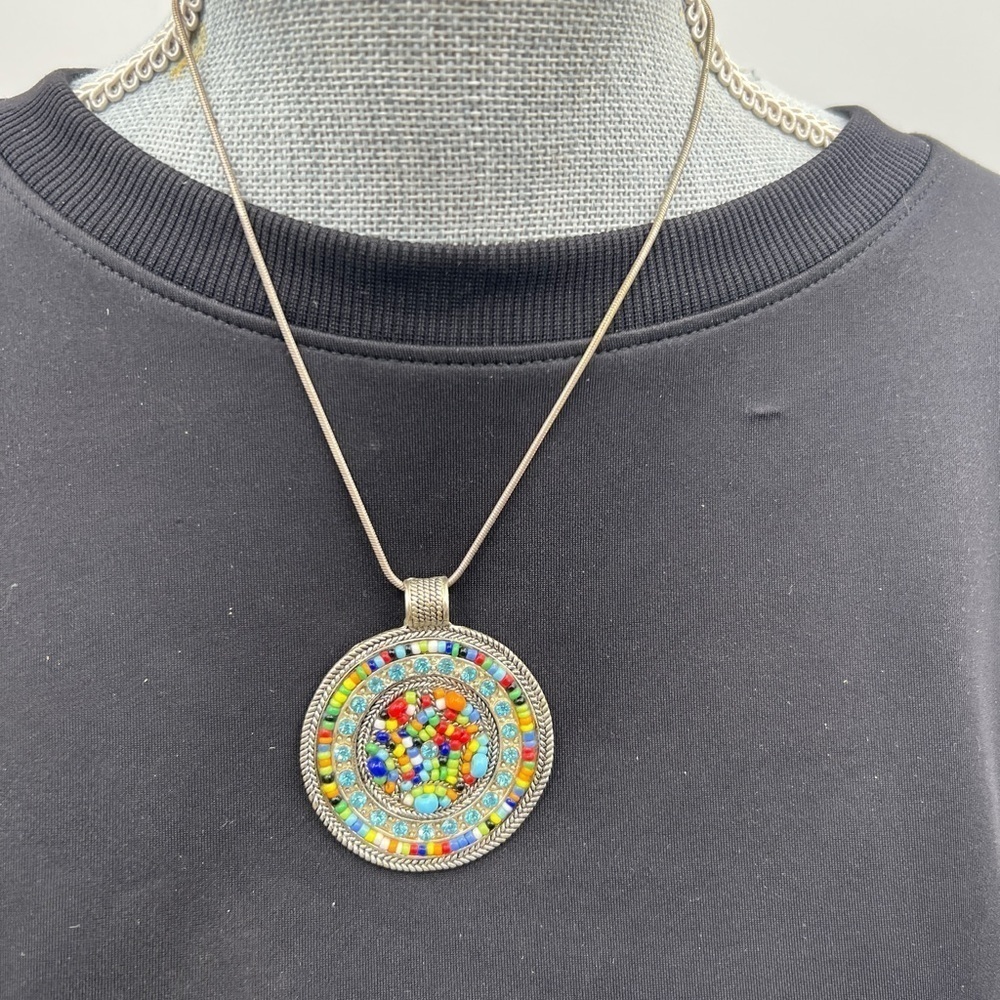 Silver Braided Pendant with Aqua rhinestones and Rainbow Seed Beads